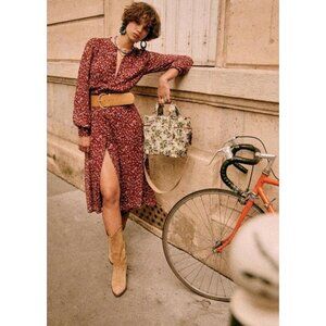 Sezane Alix Midi Dress Sheer Sleeves Button Up Red Bordeaux Floral Print 34 XS